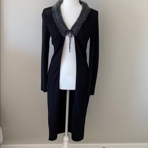 Long Duster Sweater w/faux fur collar L, Black